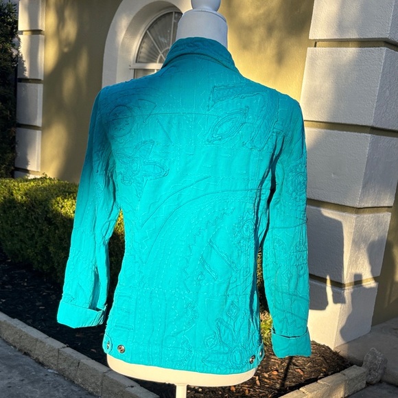 Vintage Chico's Turquoise Cotton Embroidered Denim Jacket - Picture 4 of 8